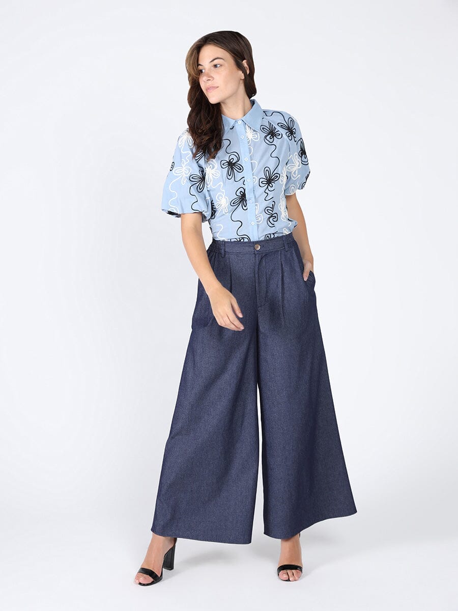 Gracia Fashion Women's Flower stitch puffed sleeve shirt