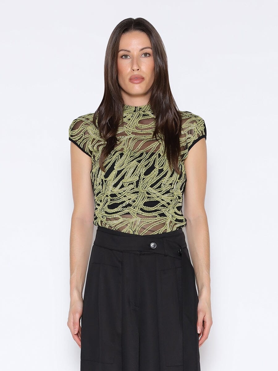 Gracia Fashion Women's Front Embroidered Sleeveless Mock Neck Top