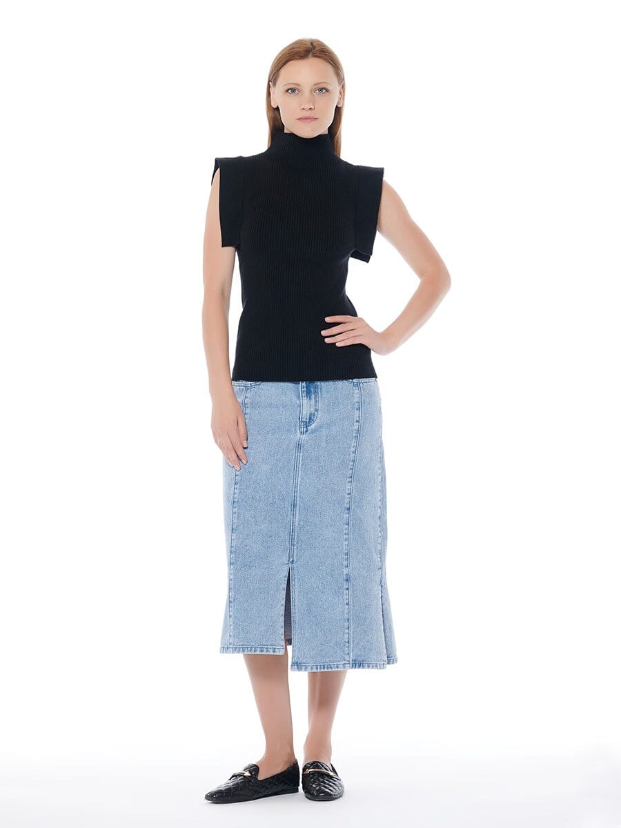 Gracia Fashion Women's Front & Side Slit Straight Cut Midi Denim Skirt