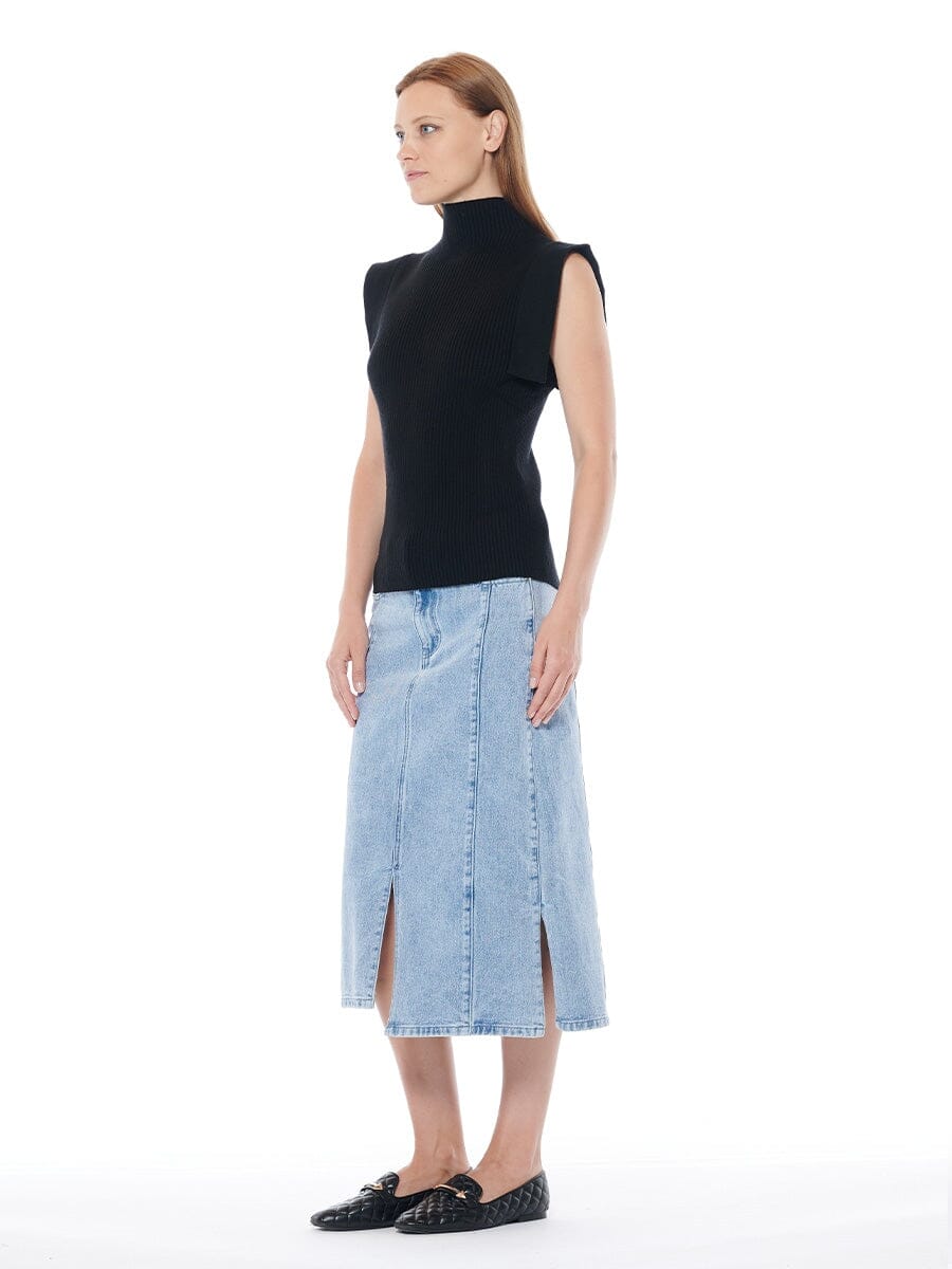 Gracia Fashion Women's Front & Side Slit Straight Cut Midi Denim Skirt