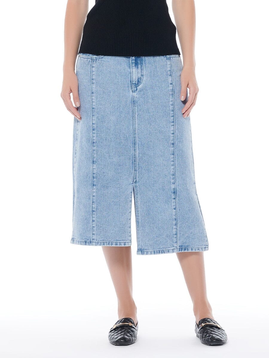 Gracia Fashion Women's Front & Side Slit Straight Cut Midi Denim Skirt