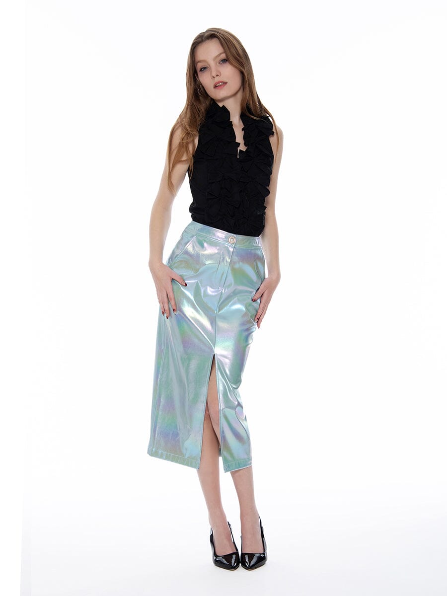 Gracia Fashion Women's Front Slit Metallic Pleather Pencil Skirt