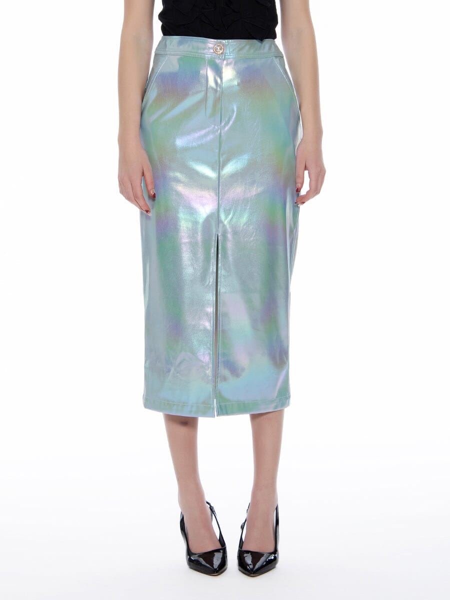 Gracia Fashion Women's Front Slit Metallic Pleather Pencil Skirt