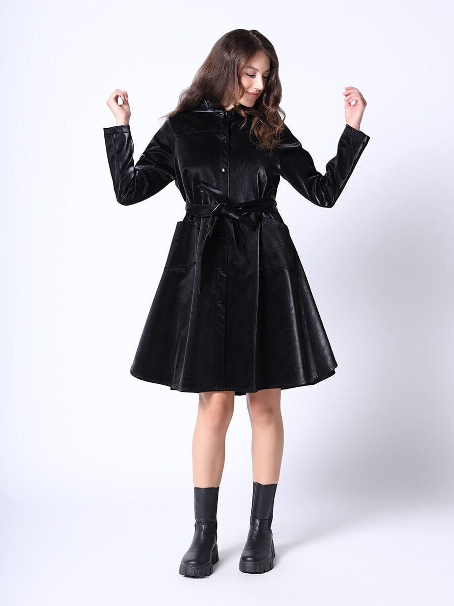 Gracia Fashion Women's Glossy Rain Coat with Waist Ribbon