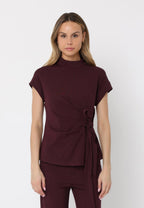 Gracia Fashion Women's High neck tie detail short sleeve solid top