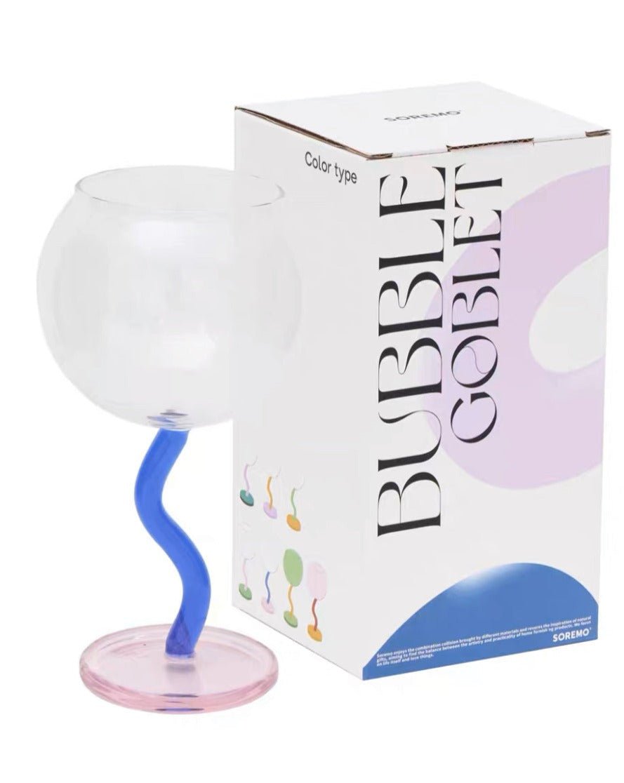 Handblown Bubble Wine Glass - Retro Whimsical Eclectic Wavy Stemmed