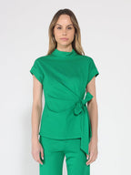 Gracia Fashion Women's High neck tie detail short sleeve solid top