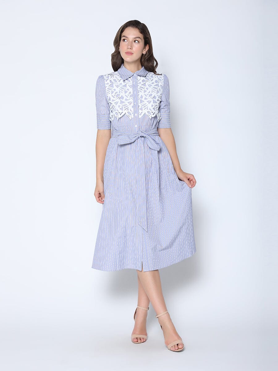 Gracia Fashion Women's Lace Spliced Striped Tie Belted A-Line Dress
