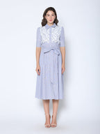 Gracia Fashion Women's Lace Spliced Striped Tie Belted A-Line Dress