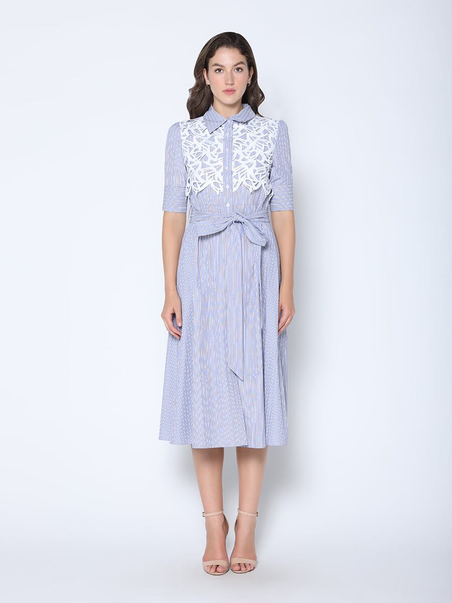 Gracia Fashion Women's Lace Spliced Striped Tie Belted A-Line Dress