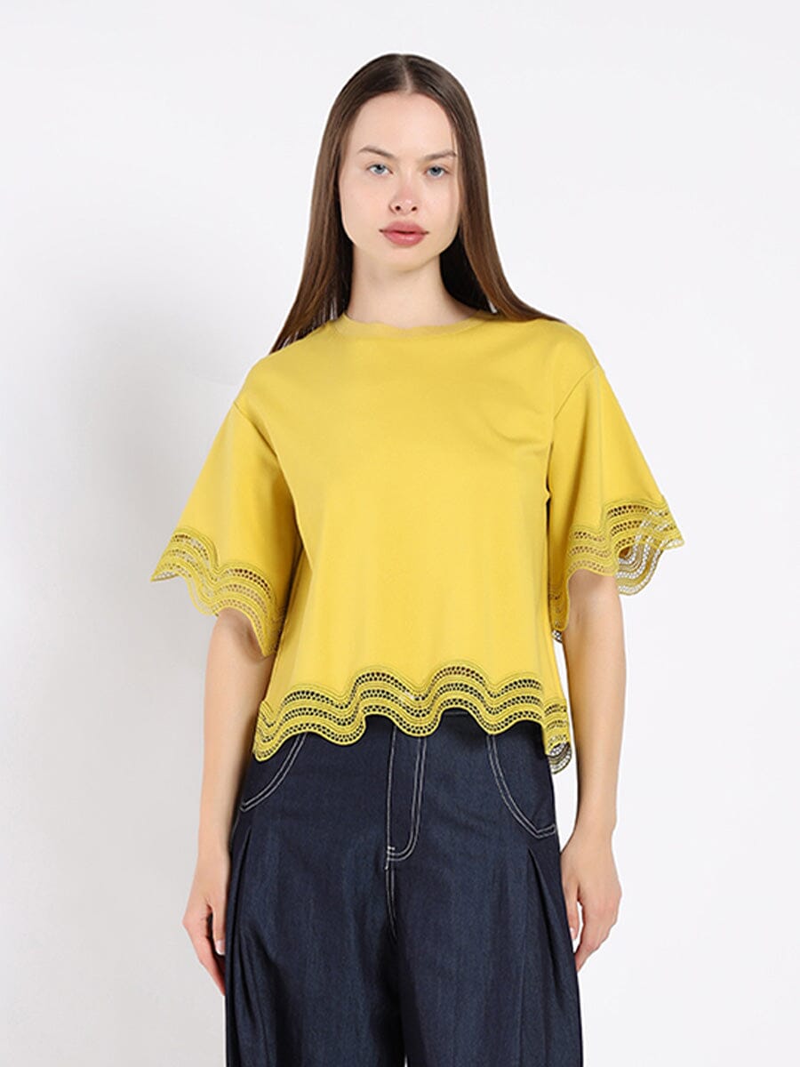 Gracia Fashion Women's Lace Wavy Hem Short Sleeve T-Shirt
