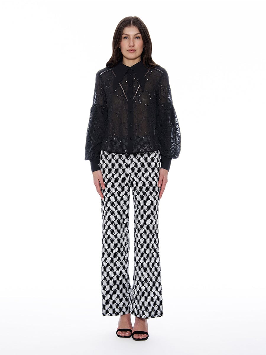 Gracia Fashion Women's Long Sleeve Button Cuff Eyelet Collared Top