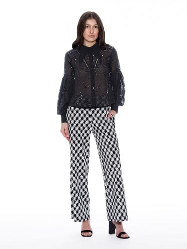 Gracia Fashion Women's Long Sleeve Button Cuff Eyelet Collared Top