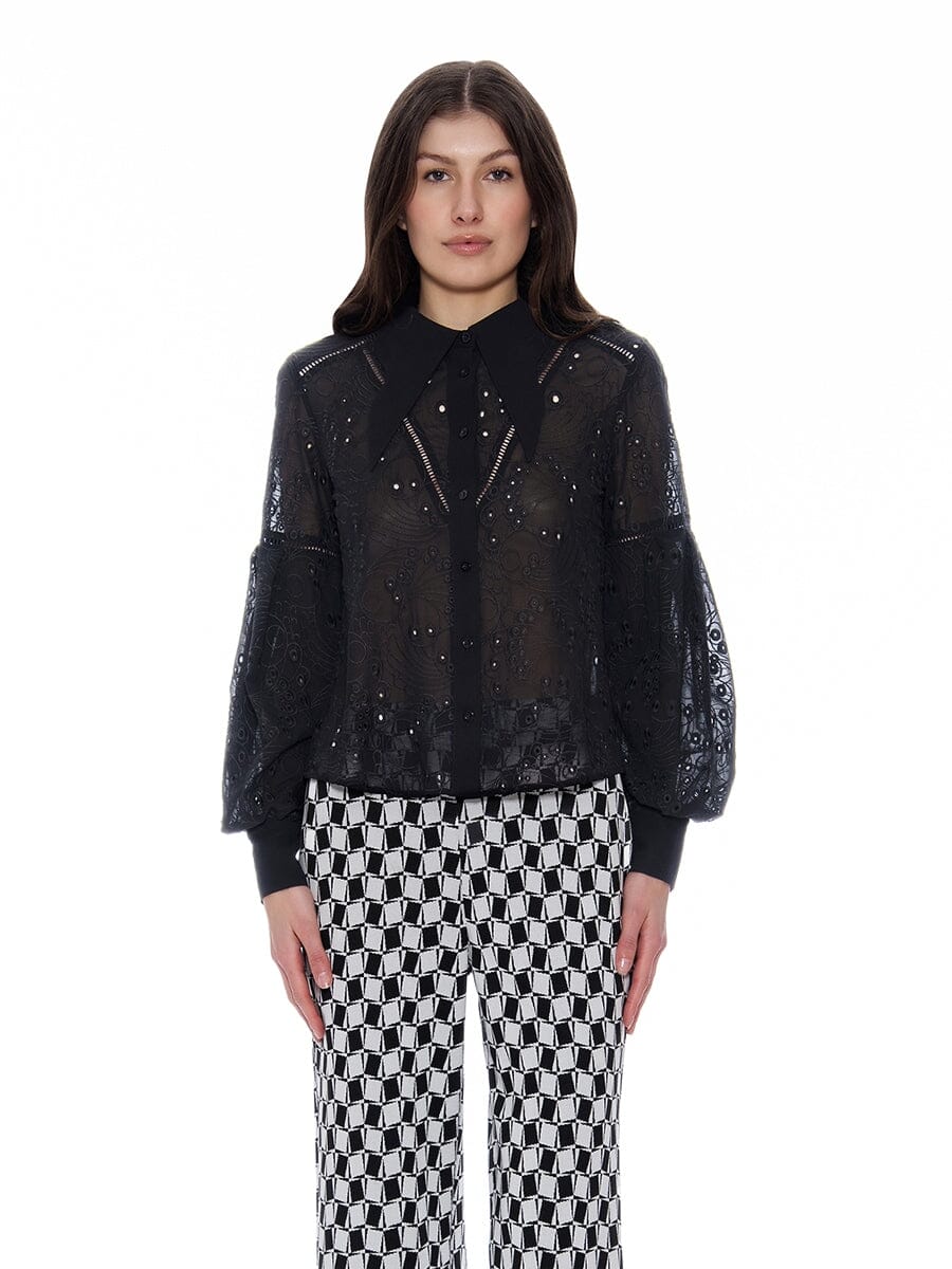 Gracia Fashion Women's Long Sleeve Button Cuff Eyelet Collared Top