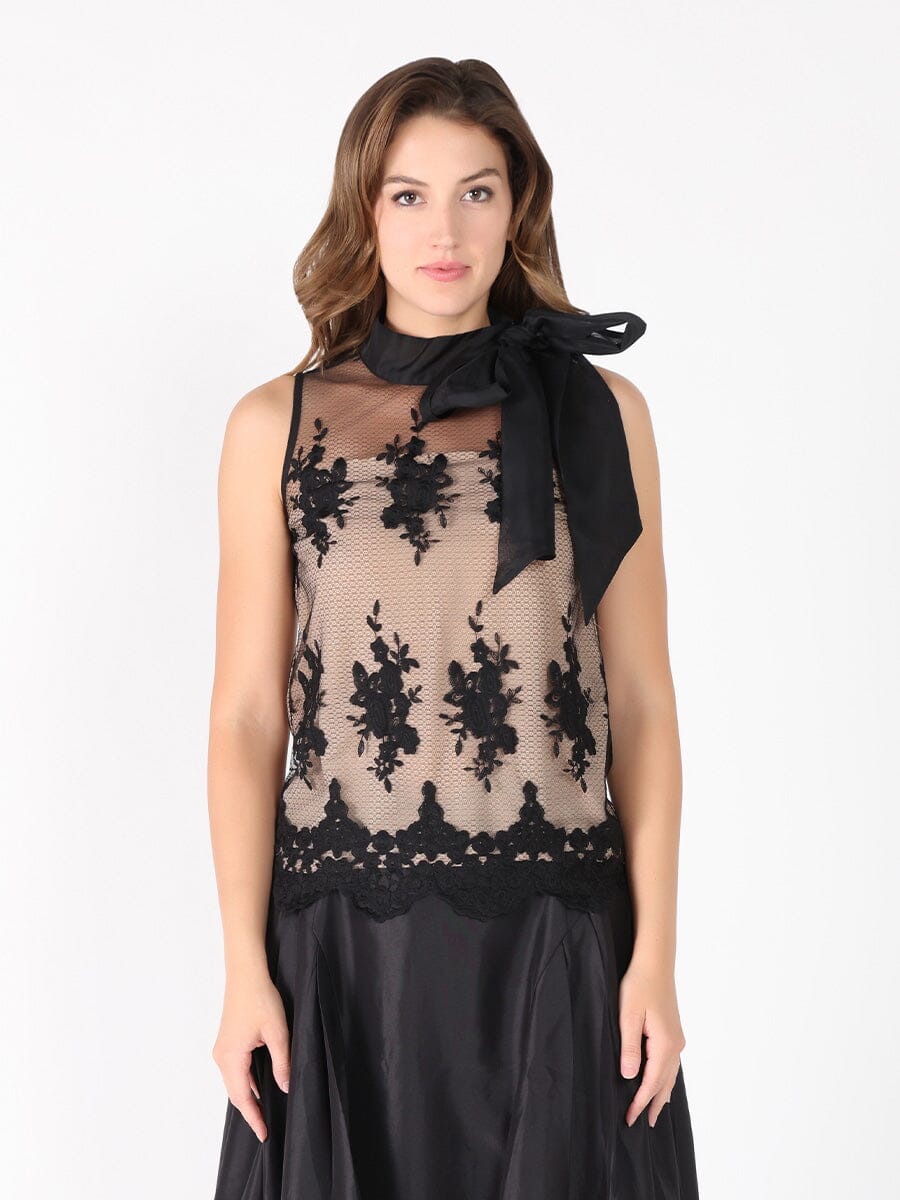 Gracia Fashion Women's Organza-Like Neck Tie Sleeveless See-Through Top