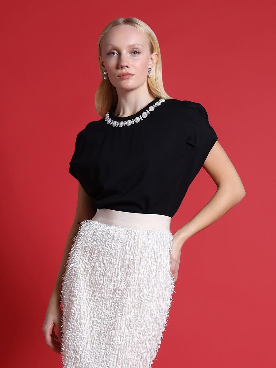 Gracia Fashion Women's Pearl Work Round Neck Top