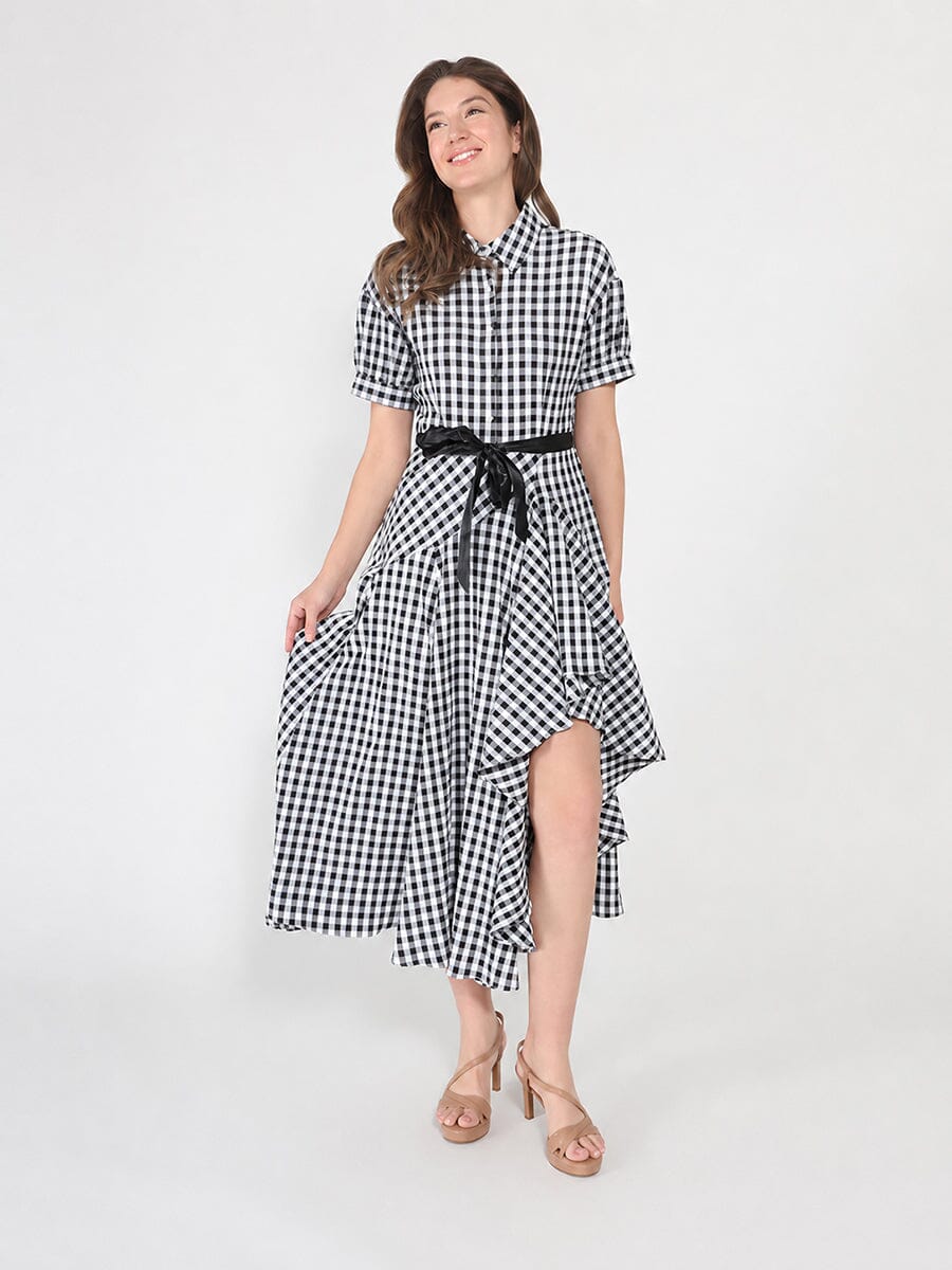 Gracia Fashion Women's Plaid Pattern Asymmetrical Ruffle Midi Dress