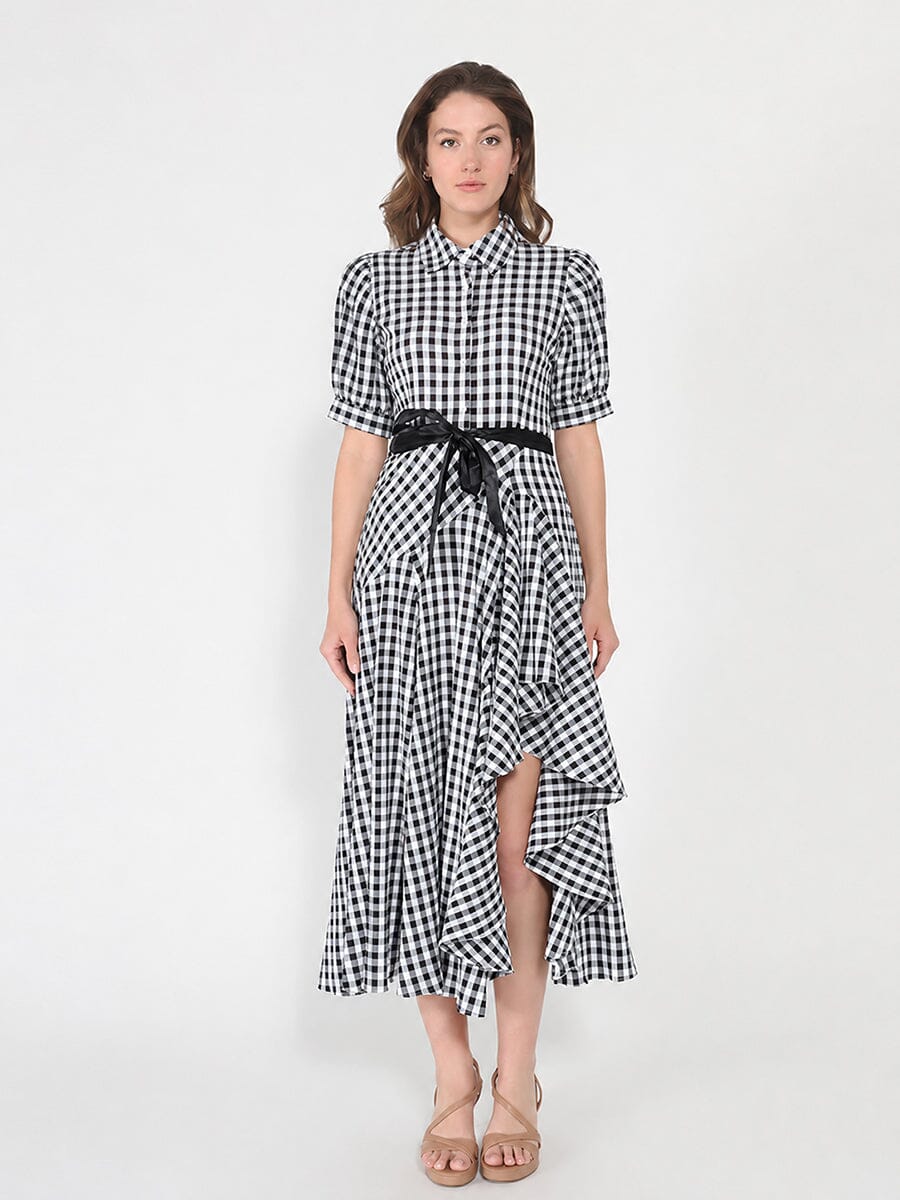 Gracia Fashion Women's Plaid Pattern Asymmetrical Ruffle Midi Dress