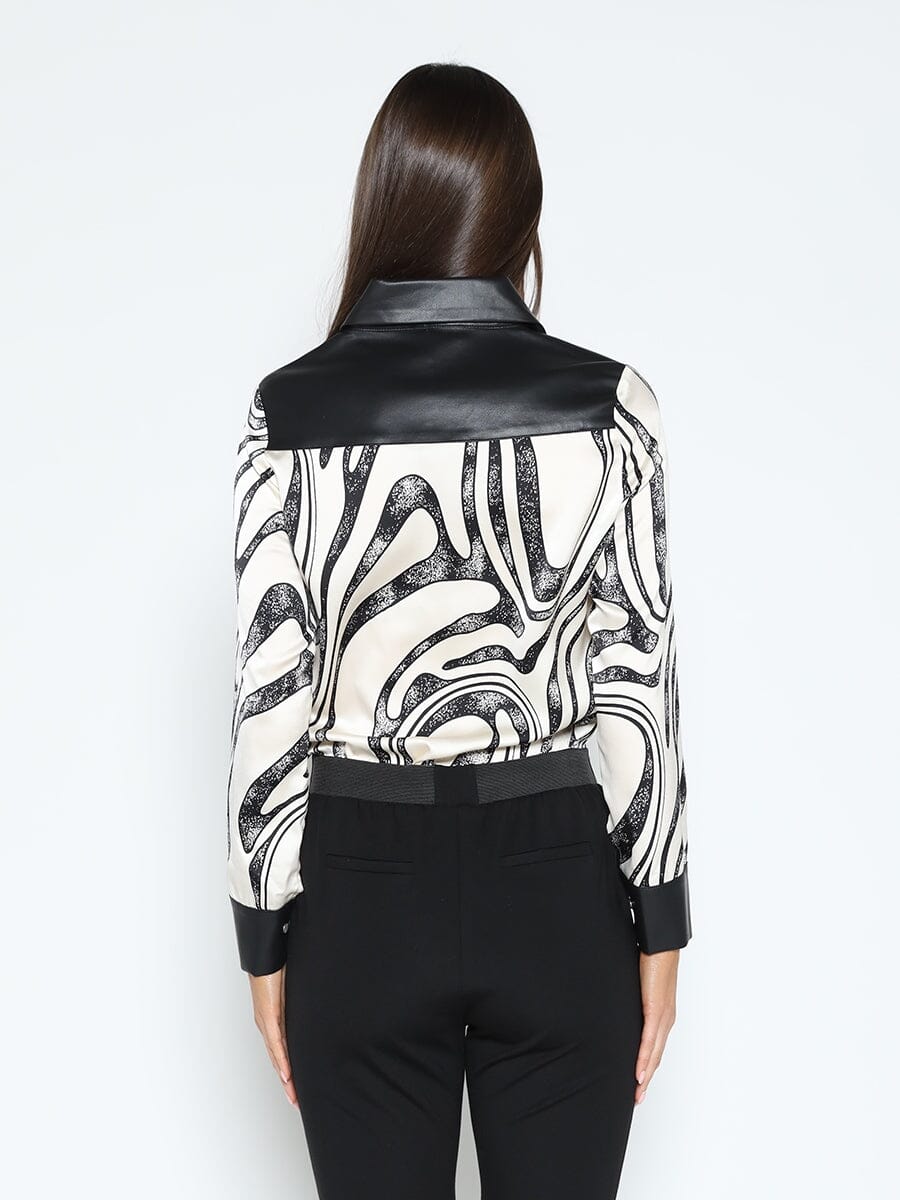 Gracia Fashion Women's Print & Pleather Spliced Button-Down Shirt Top