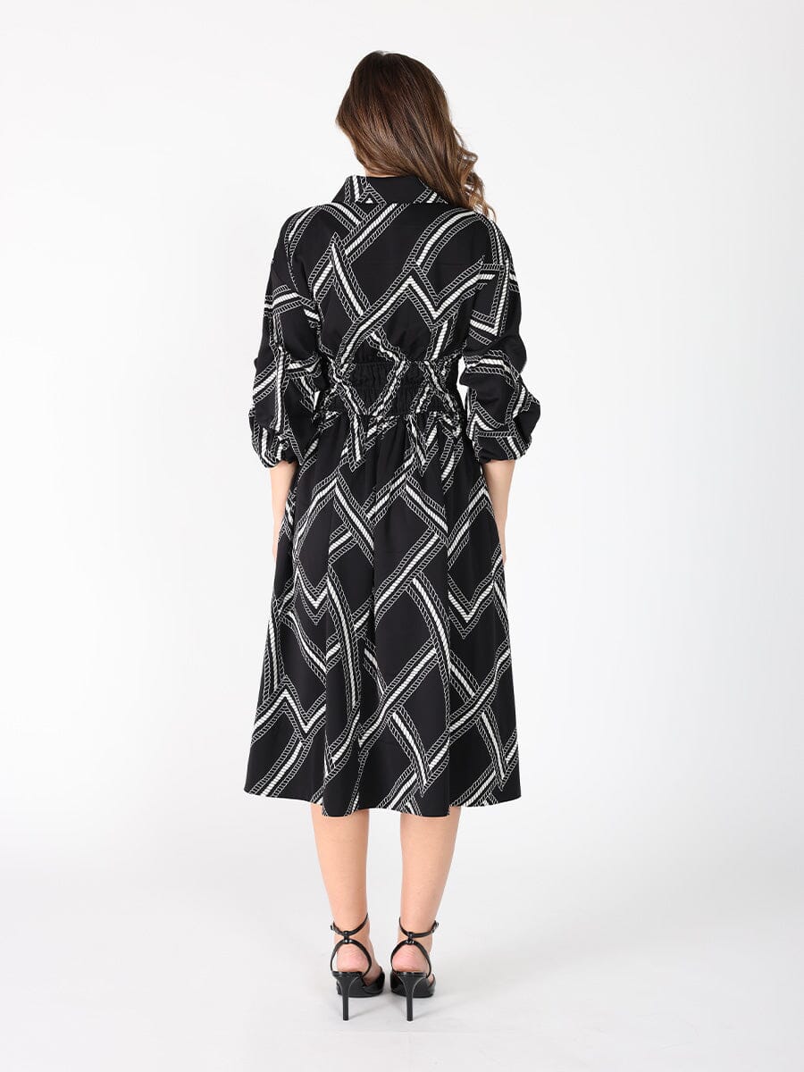 Gracia Fashion Women's Printed shirt collar elastic waist dress