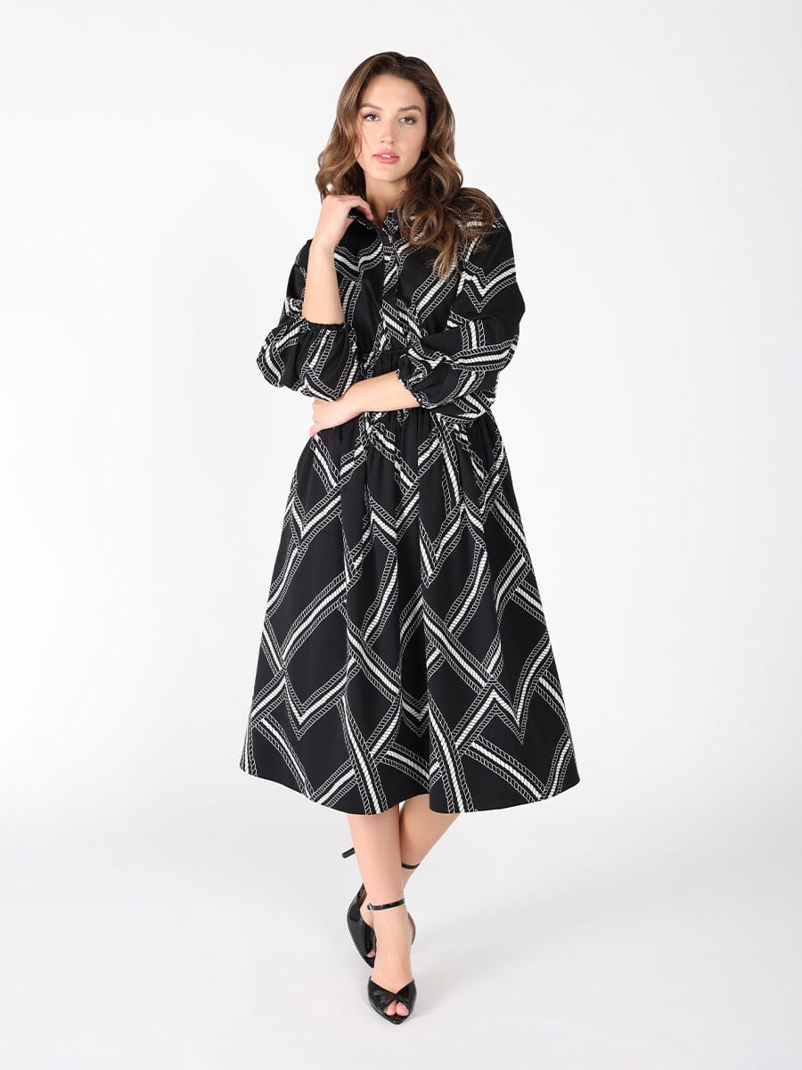 Gracia Fashion Women's Printed shirt collar elastic waist dress