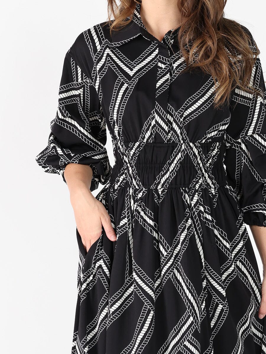 Gracia Fashion Women's Printed shirt collar elastic waist dress