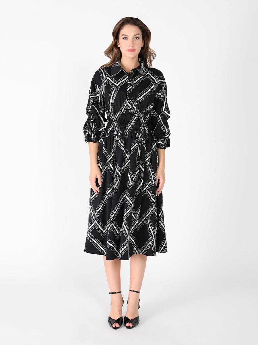 Gracia Fashion Women's Printed shirt collar elastic waist dress