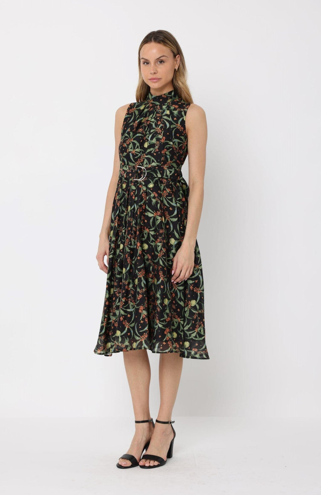 Gracia Fashion Women's Printed sleeveless waist band dress