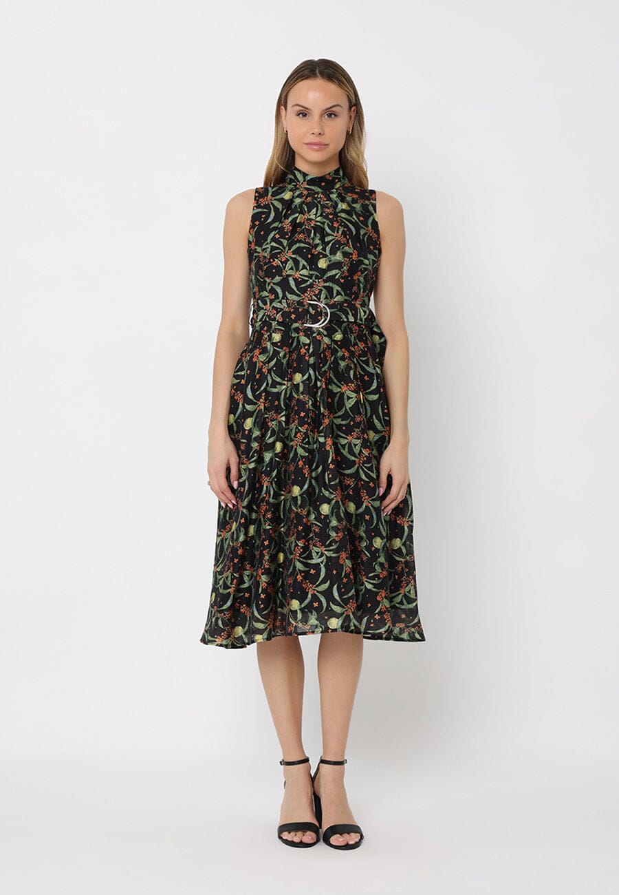 Gracia Fashion Women's Printed sleeveless waist band dress