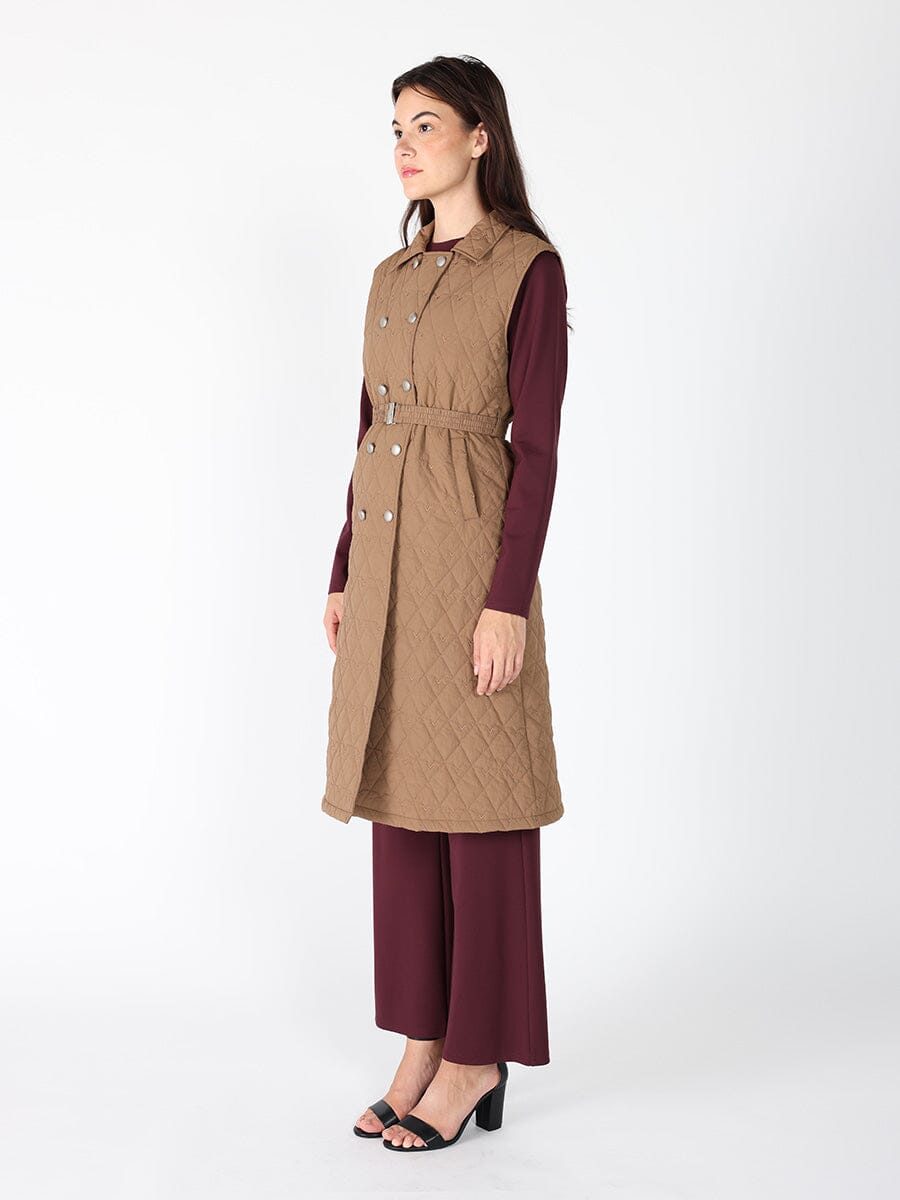 Gracia Fashion Women's Quilted Sleeveless Belted Long Jacket