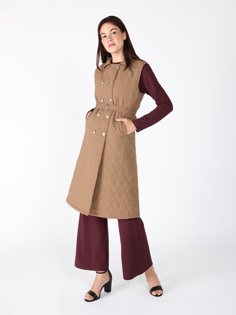 Gracia Fashion Women's Quilted Sleeveless Belted Long Jacket
