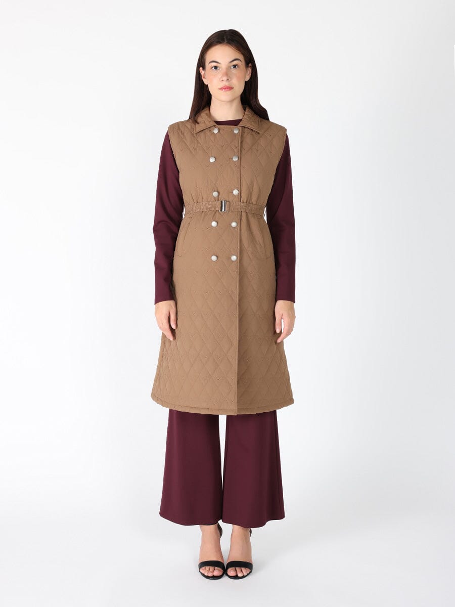 Gracia Fashion Women's Quilted Sleeveless Belted Long Jacket