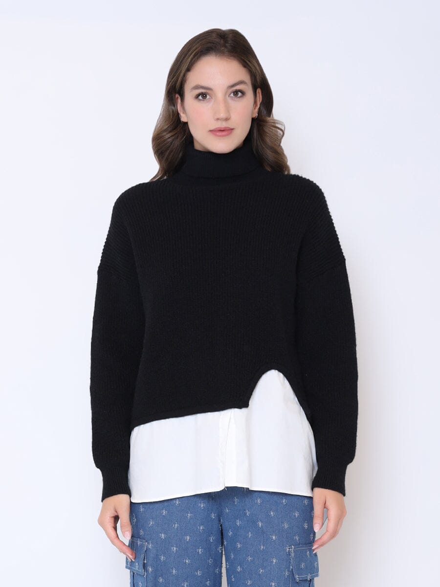 Gracia Fashion Women's Roll-Neck Slit Sweater Layering with Shirt