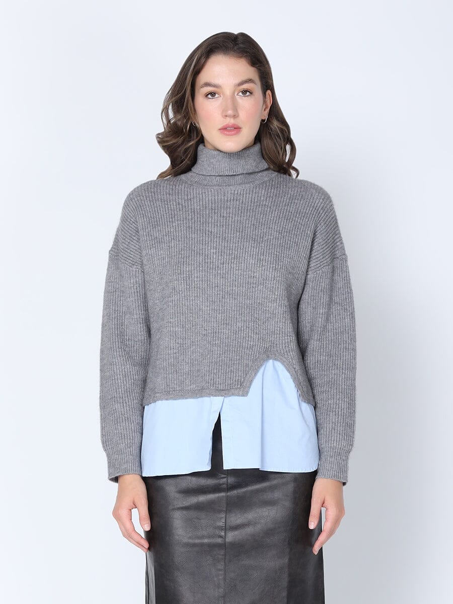 Gracia Fashion Women's Roll-Neck Slit Sweater Layering with Shirt