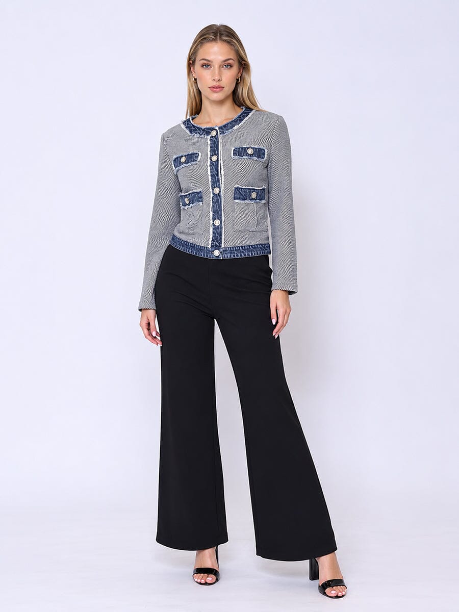 Gracia Fashion Women's Round Neck Two- tone Denim Jacket