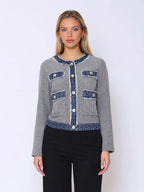 Gracia Fashion Women's Round Neck Two- tone Denim Jacket