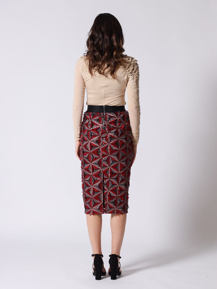 Gracia Fashion Women's Sequin Beaded Pinwheel Motifs Banding Midi Skirt