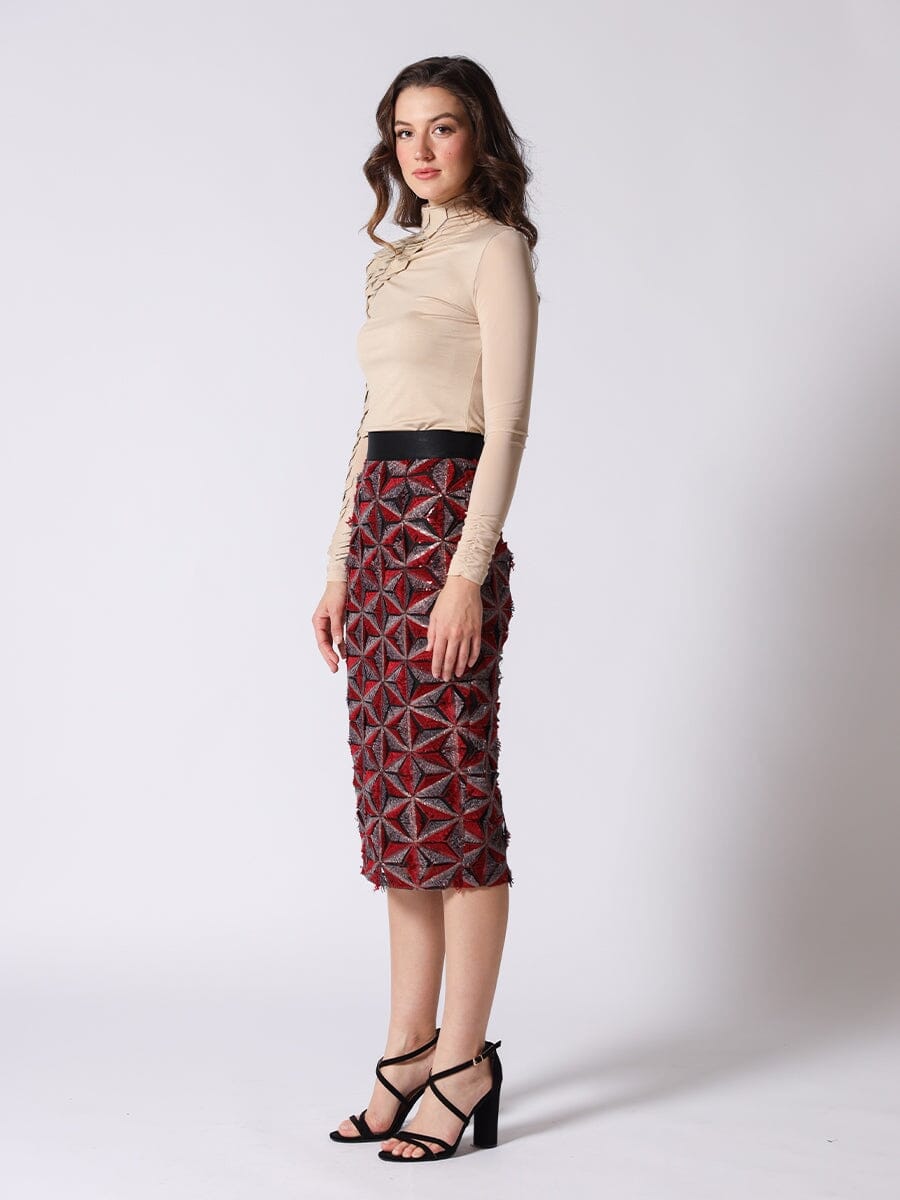 Gracia Fashion Women's Sequin Beaded Pinwheel Motifs Banding Midi Skirt