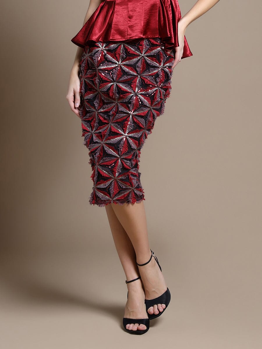 Gracia Fashion Women's Sequin Beaded Pinwheel Motifs Banding Midi Skirt