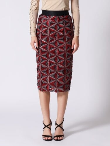 Gracia Fashion Women's Sequin Beaded Pinwheel Motifs Banding Midi Skirt