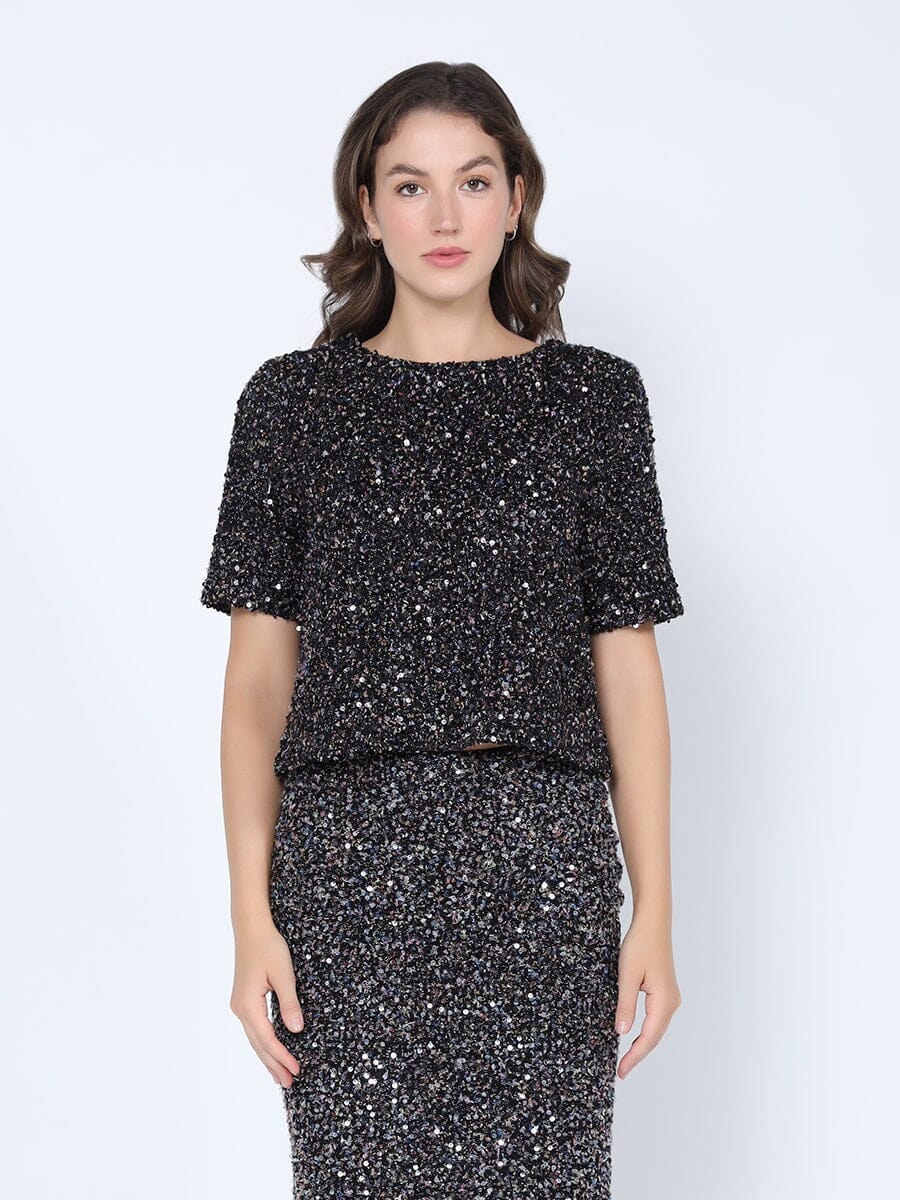 Gracia Fashion Women's Sequined Cropped Short Sleeve Top
