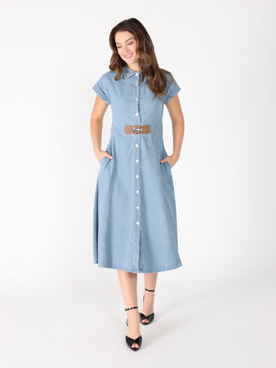 Gracia Fashion Women's Sleeveless front button open denim dress