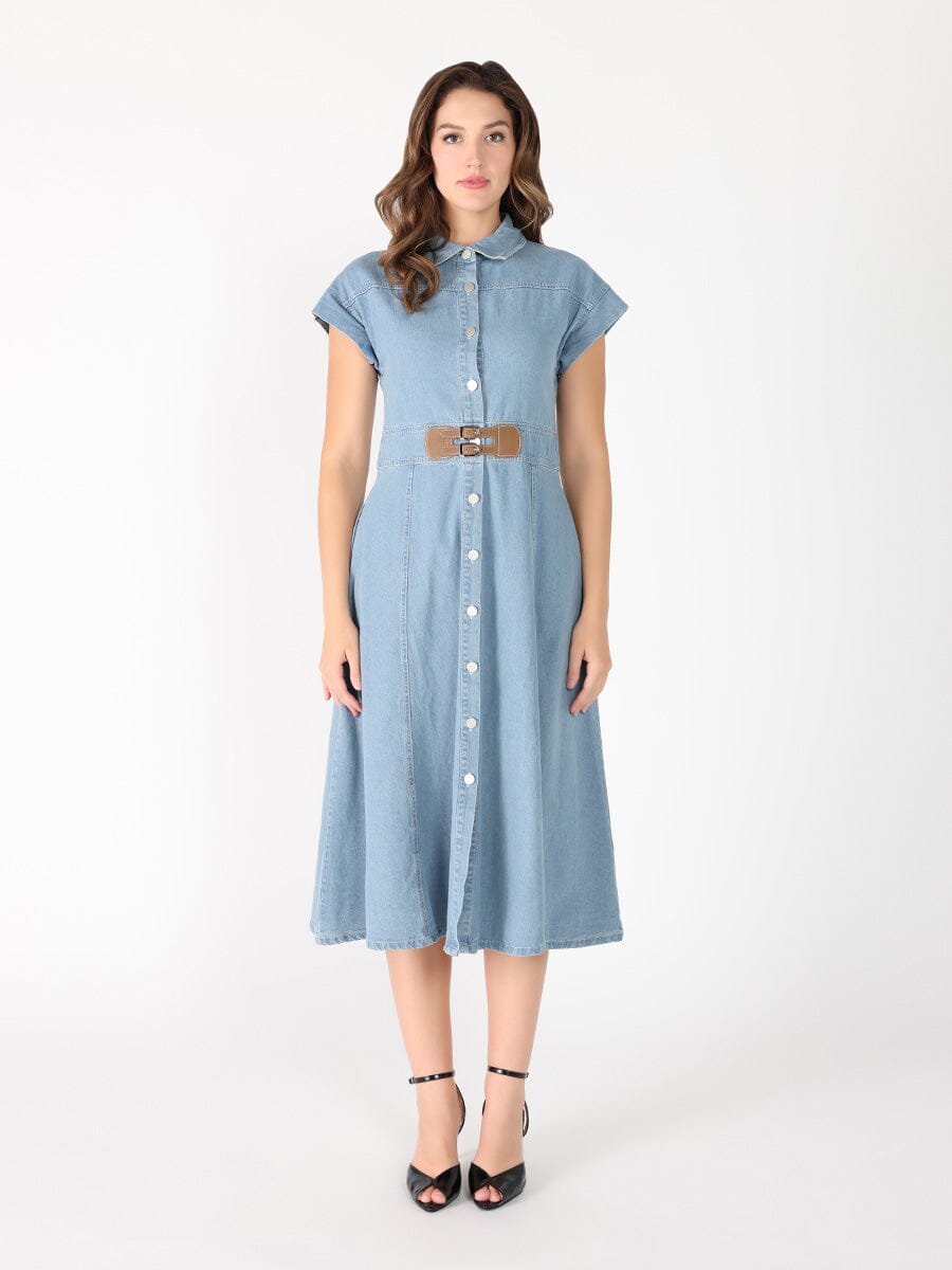 Gracia Fashion Women's Sleeveless front button open denim dress
