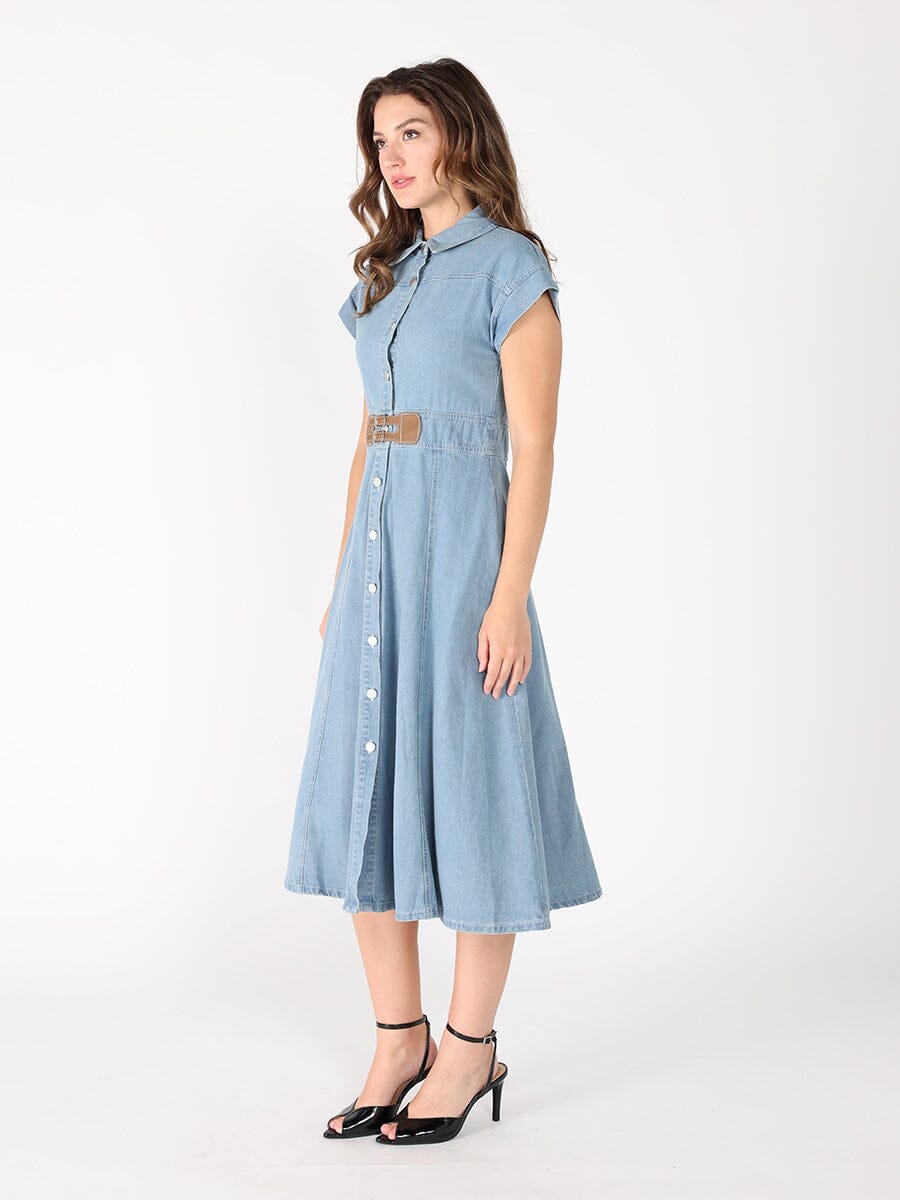 Gracia Fashion Women's Sleeveless front button open denim dress