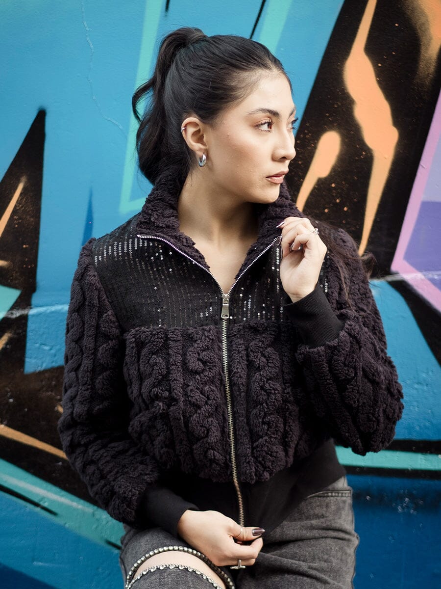 Gracia Fashion Women's Spangle Yoke High-Neck Shearing Jacket