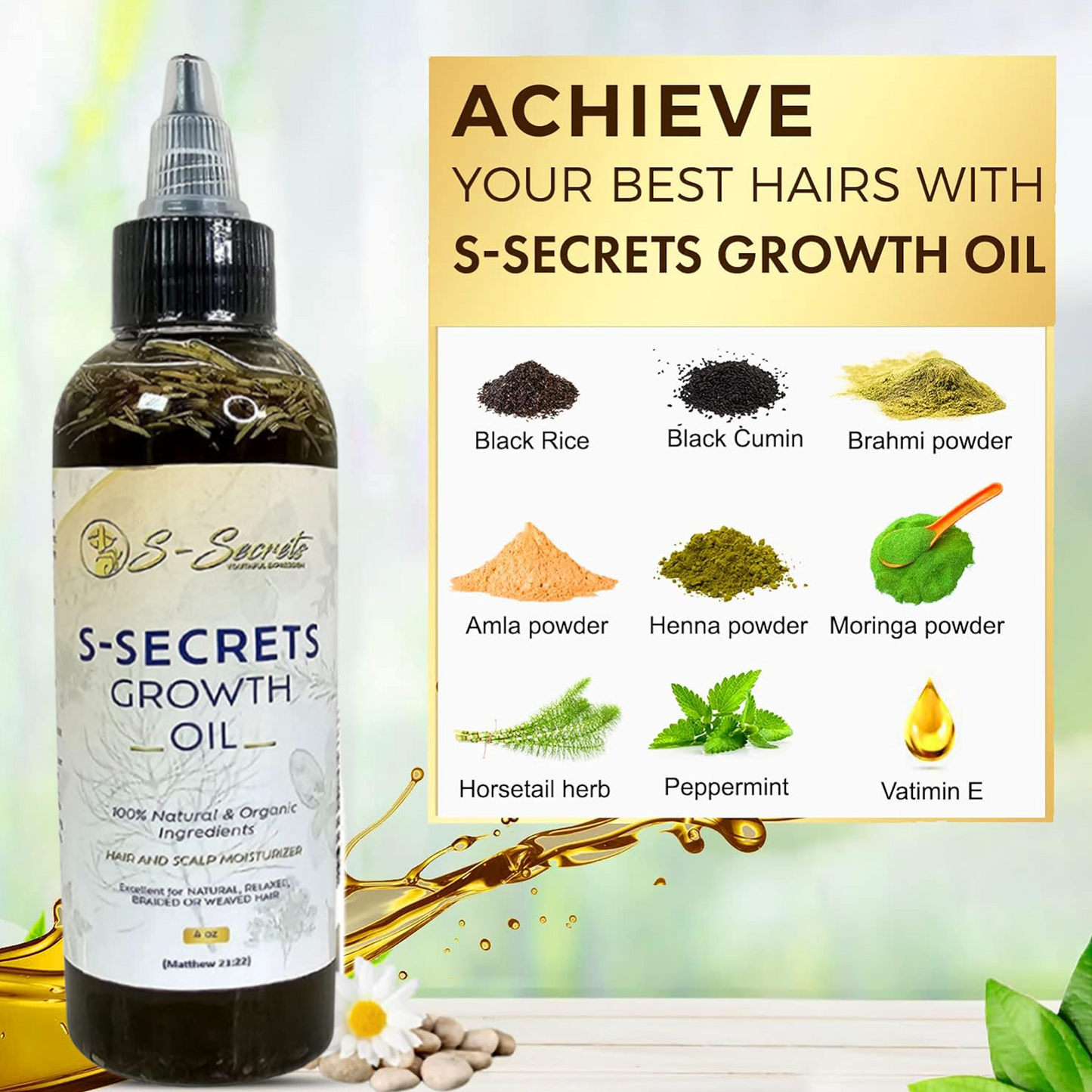 S-Secrets Hair Growth Oil 2oz, Herbs, Biotin, essential oils For All