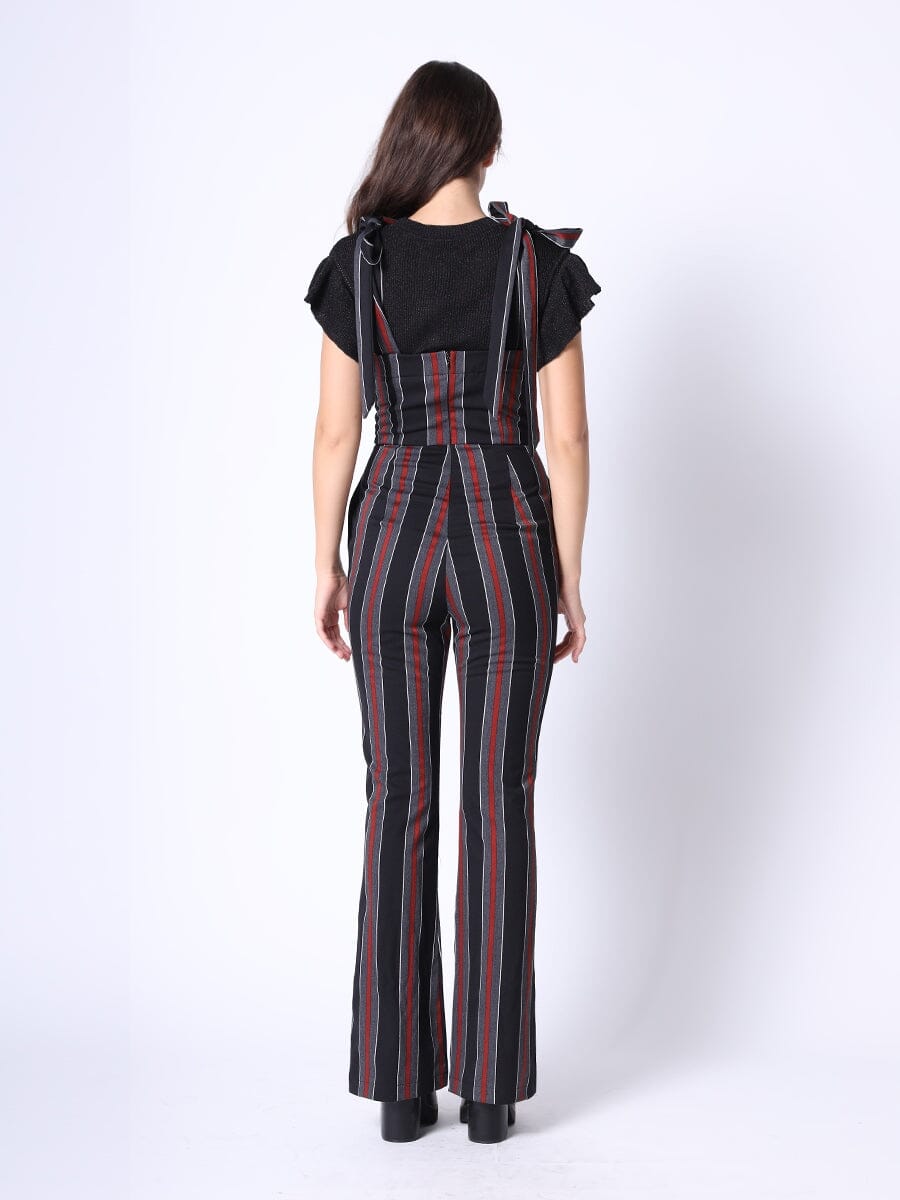 Gracia Fashion Women's Tie-Shoulder Wide Leg Striped Overall Jumpsuit