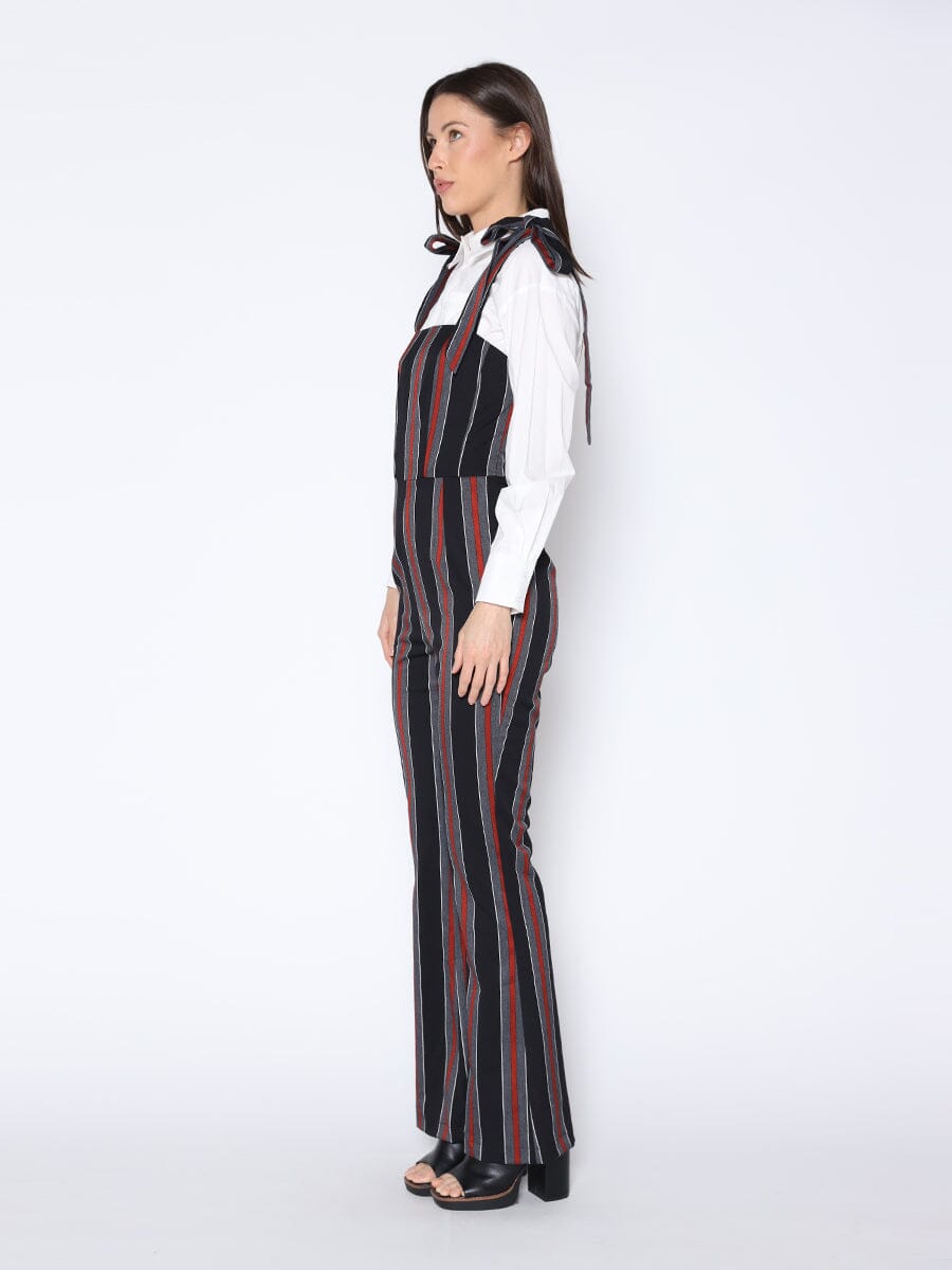 Gracia Fashion Women's Tie-Shoulder Wide Leg Striped Overall Jumpsuit