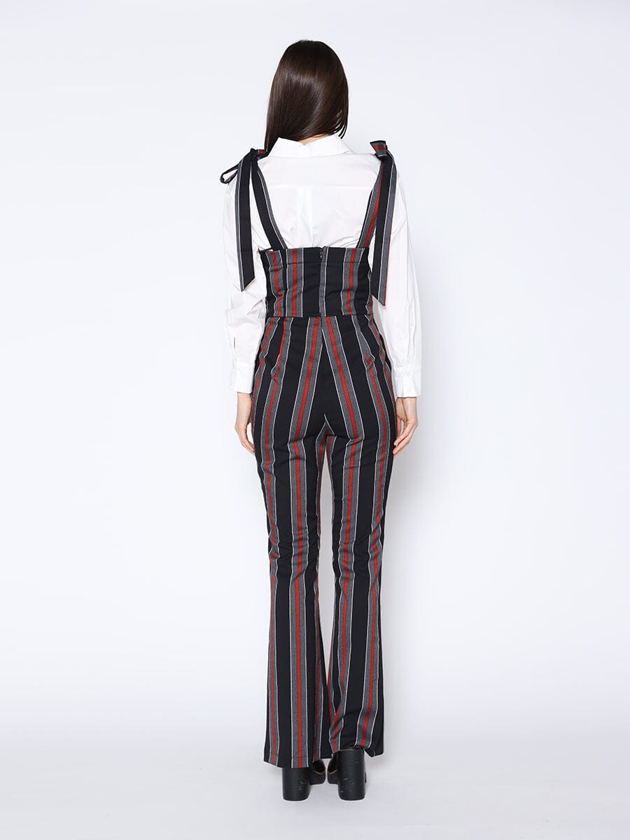 Gracia Fashion Women's Tie-Shoulder Wide Leg Striped Overall Jumpsuit
