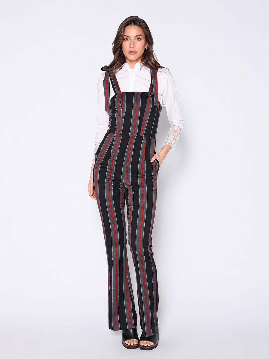 Gracia Fashion Women's Tie-Shoulder Wide Leg Striped Overall Jumpsuit